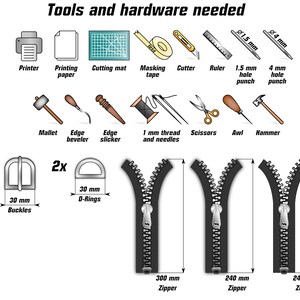 K&ouml;nnte beinhalten: Werkzeuge und Hardware, die f&uuml;r ein Rei&szlig;verschluss-Projekt ben&ouml;tigt werden. Das Bild zeigt einen Drucker, Papier, eine Schneidematte, Klebeband, einen Cutter, ein Lineal, Locher, einen Hammer, einen Kantenschr&auml;ghobel, einen Kantenschlichter, Garn und Nadeln, eine Schere, einen Stechbeitel, einen Hammer, Schnallen, D-Ringe und drei Rei&szlig;verschl&uuml;sse in verschiedenen L&auml;ngen. Die Rei&szlig;verschl&uuml;sse sind 30 cm, 24 cm und 24 cm lang.