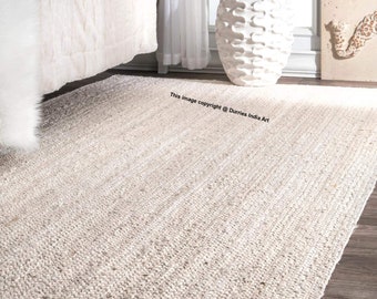 Indian White-Beige Scandinavian rug. Pattern Hemp Jute Rug. Ivory&Beige Rug. Handwoven Rug. 100% Natural Rug