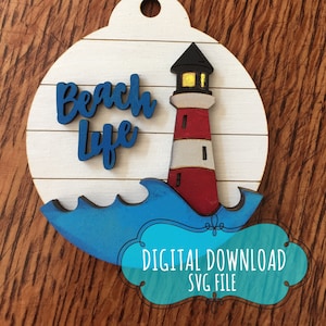 Beach Life Lighthouse Ornament/Gift Tage : Nautical Theme, Shiplap Design (Digital Download)