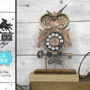 Sowa w stylu steampunkowym, zwierzęta leśne, zardzewiałe koła zębate, tarcza telefonu, dekoracja domu, plik SVG, NIE jest to przedmiot fizyczny