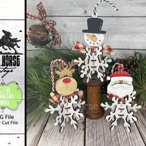 Snowflake Ornaments, Christmas Ornaments, 3D Snowflakes, Santa - Snowman - Reindeer, SVG File, Digital Download