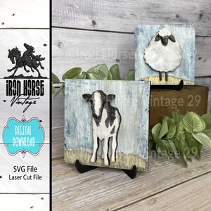 Primitive Style Blocks, Hand Painted Cow and Sheep with Easel, Farmhouse Style Home Decor, NOT a Physical Item