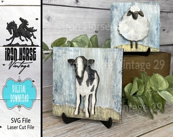 Primitive Style Blocks, Hand Painted Cow and Sheep with Easel, Farmhouse Style Home Decor, NOT a Physical Item