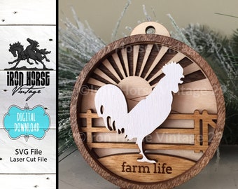 Farm Life Ornament, krähender Hahn auf dem Bauernhof, Sonnenaufgang auf dem Bauernhof, geschichtetes Ornament, Bauernhausstil, SVG-Datei, Laser bereit, digitaler Download
