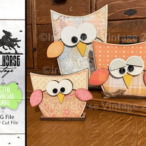 Mixed Media Owl Trio,  Woodland Shelf Sitters, Cute Forest Creature, Home Decor, SVG File Bundle, Digital Download - NOT a Physical Product!