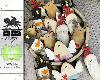 Mini Christmas Character Magnet Bundle,  Scrap Buster, Santa, Snowman, Reindeer, Angel, Holiday Fashion,  Farmhouse Style, SVG File