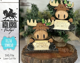 Cute Sitting Moose Christmas Ornament, Moose Shelf Sitter, Gift Tag, Holiday Place Setting, Name Tag, Laser Ready SVG, Digital Download