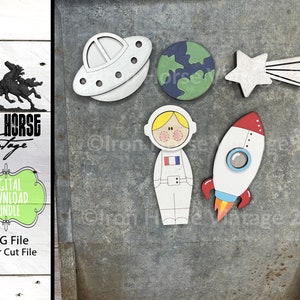 Outer Space Theme Magnets, Cute Astronaut, Rocket Ship, Spaceship, Scrap Buster, Farmhouse Style, Laser Ready SVG File, Digital Download