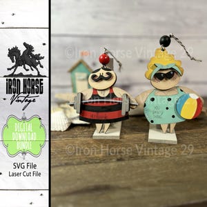 Chubby Beach Babe and Muscle Man Christmas Ornaments, Holiday Farmhouse Style, Beach Gift Tags, Home Decor, SVG Files, Digital Download
