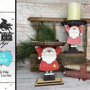 サンタのキャンドルホルダー、サンタのクッキートレイ、クリスマスのデコレーション、ホリデーホームデコレーション、ファームハウススタイル、レーザー対応SVGファイル、デジタルダウンロード