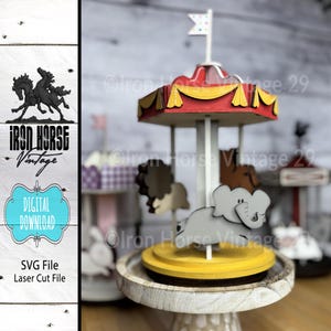 Spinning Circus Carousel, Tabletop Carousel, Farmhouse Style Shelf Sitter, Elephant, Lion and Tiger Carousel, Home Decor, Digital Download
