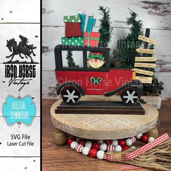 Vintage Car with Elf and Gifts Shelf Sitter, Holiday Home Decor, Christmas Decoration