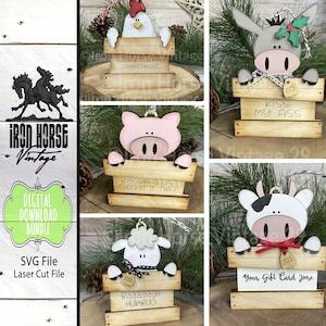 Niedliche Bauernhof Tier Geschenkkartenhalter, Weihnachtsverzierungen, Bauernhaus-Stil, Geschenkanhänger, Wohnkultur, Laserfertiges SVG Bundle, digitaler Download