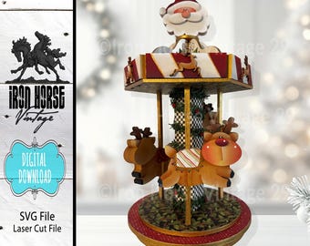May include: A decorative Christmas carousel featuring Santa Claus and reindeer. The carousel has a red and gold base, a checkered center pole, and a rotating platform with reindeer figures. The Santa Claus figure is at the top.