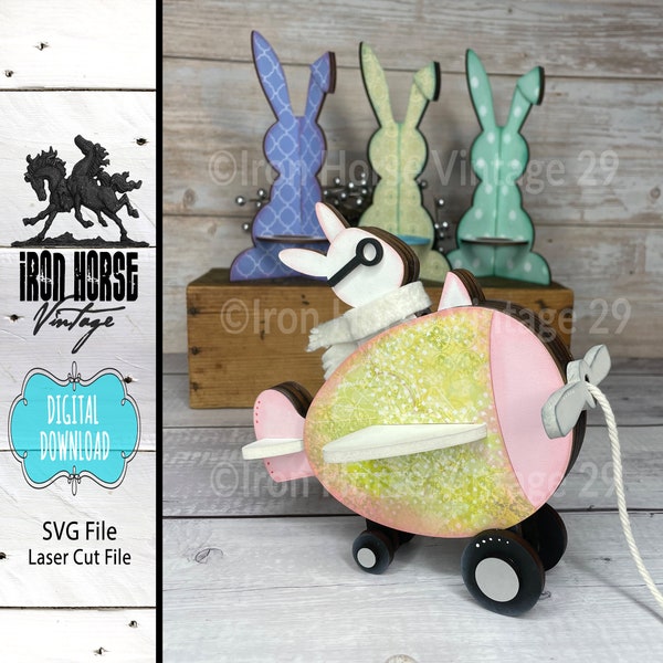 Vintage Inspired Bunny in Airplane Pull Toy, Farmhouse Style Spring Home Decor, Easter Decoration, SVG File, NOT a Physical Item