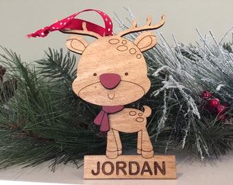 Personalized Reindeer Ornament - Christmas Ornament - Rudolph - Wooden Ornament - Gift Tag