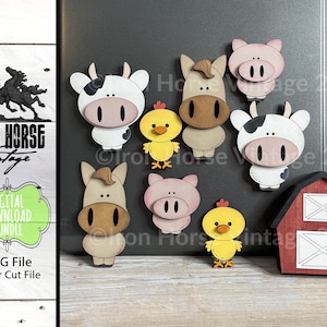 Aimants, animaux de la ferme, ferme, vache, cochon, cheval, poussin, grange, ferraille, fichier SVG, prêt pour le laser, téléchargement numérique