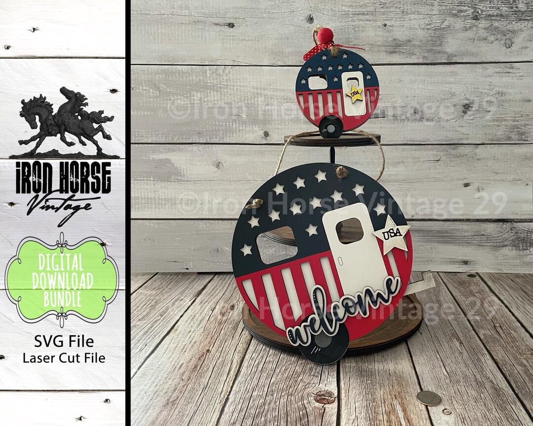 American Flag Camper Bundle: Patriotic Ornament and Sign (digital ...