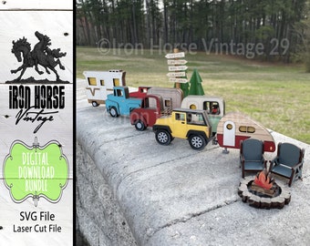 Mini Camping and Campground Collection, Mini Trucks and Trailers, Interchangeable Shelf Sitters, Rustic Farmhouse Style, NOT a Physical Item
