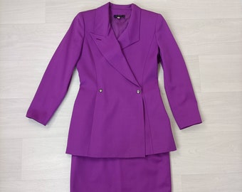 Glamour purple suit Claude Montana, vintage skirt suit 80s