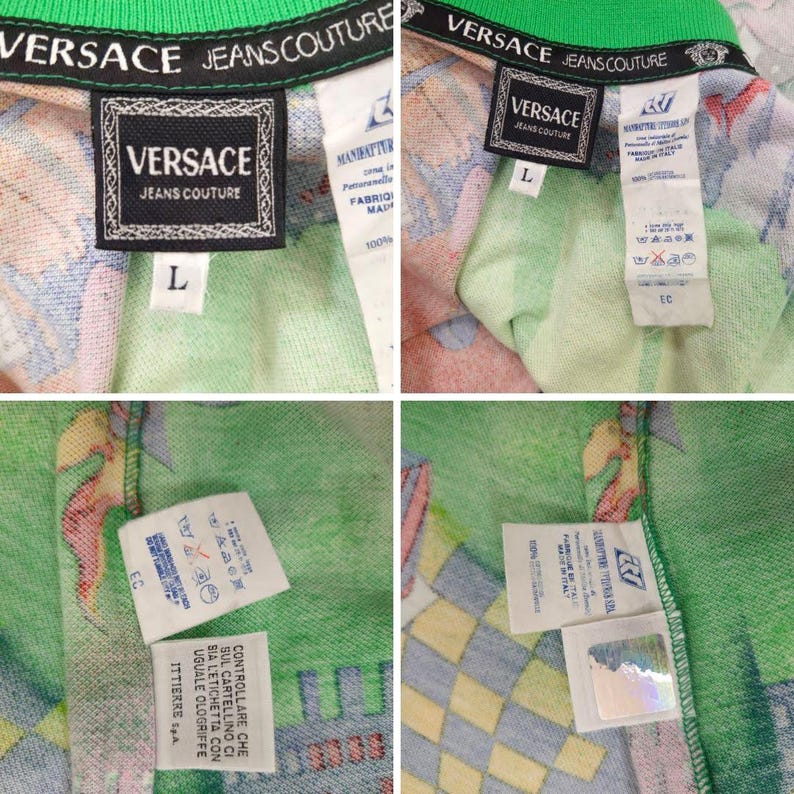 May include: Close-up of a green, patterned fabric with multiple tags. The tags display the "VERSACE JEANS COUTURE" logo and size "L". The fabric has a green collar and a colorful design.