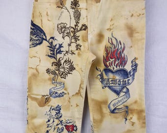 Jeans Vintage Roberto Cavalli 2003 - Motif Tatouage Flammes Rose/tigre, Taille XL (taille 30), Italie