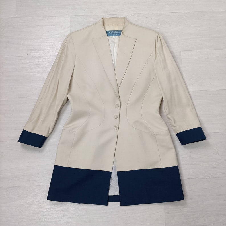 Mugler vintage jacket beige and blue, Thierry Mugler Paris vintage long jacket image 1