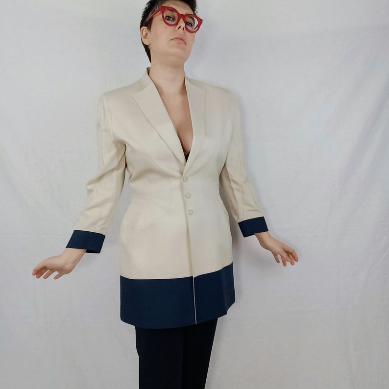 Mugler vintage jacket beige and blue, Thierry Mugler Paris vintage long jacket image 7