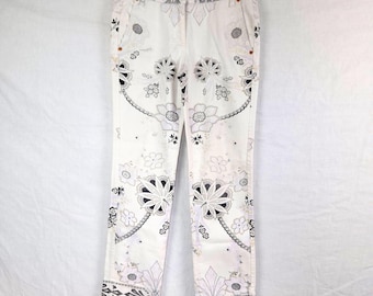 Roberto cavalli straight white jeans y2k, jeans with flower pattern