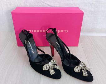 Black pump shoes with rhinestons ribbon Emanuel Ungaro y2k, women vintage shoes