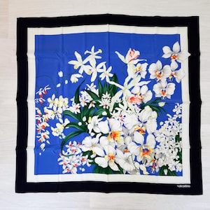 Valentino silk scarf blue with white orchids vintage 80s