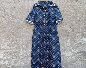 Vintage dress 1970s, midi blue dress