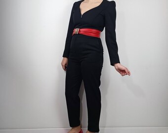 Black jumpsuit for woman Claude Montana, vintage 80s