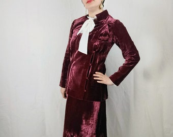 Velvet burgundy suit, YSL Rive Gauche skirt suit for women, vintage 1970s suit