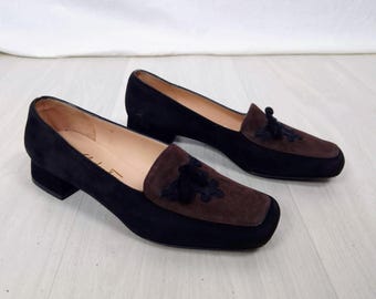 Mocassins femme Ferragamo années 1990, mocassins en daim noir et marron