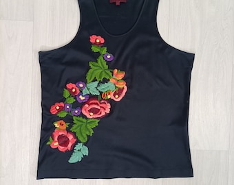 Top floral vintage de los años 90 de Kenzo, camisa negra con bordado floral vintage de Kenzo Paris