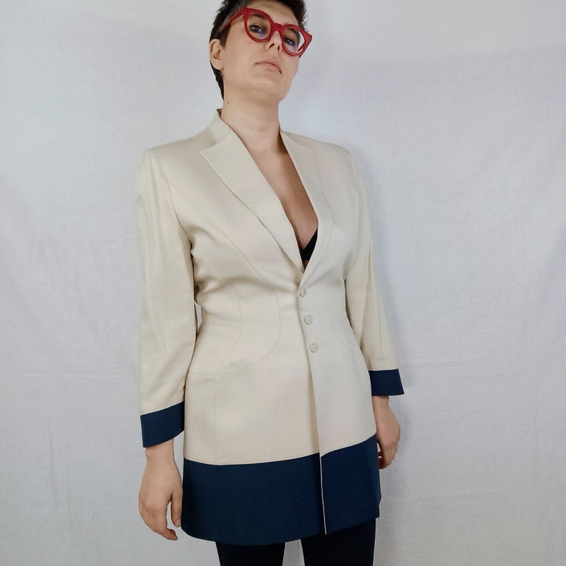 Mugler vintage jacket beige and blue, Thierry Mugler Paris vintage long jacket image 4