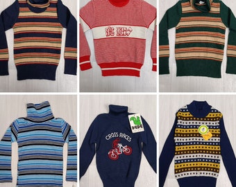 Vintage 70s wool children sweaters, ages from 1 to 4 years, new old stock, set of 6 sweaters