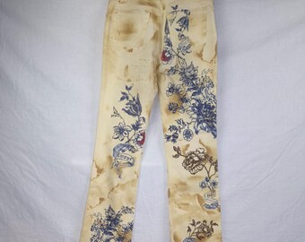 Jean Vintage Roberto Cavalli Avec Motifs Tatouage Cœurs – Taille L, Coupe Droite Beige