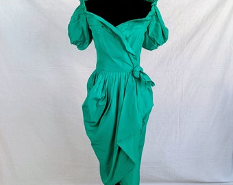 Cocktail dress vintage green color, 80s gown