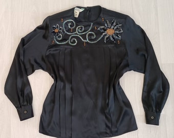 Vintage black silk shirt, women vintage shirt 80s