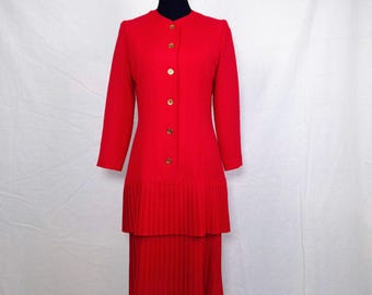 Red dress with pleated skirt Guy Laroche 70s, vintage Seventies