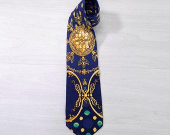 Versus Gianni Versace tie made in silk with blue and yellow pattern vintage 1990s