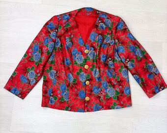 Veste tailleur courte rouge à fleurs, veste vintage années 80