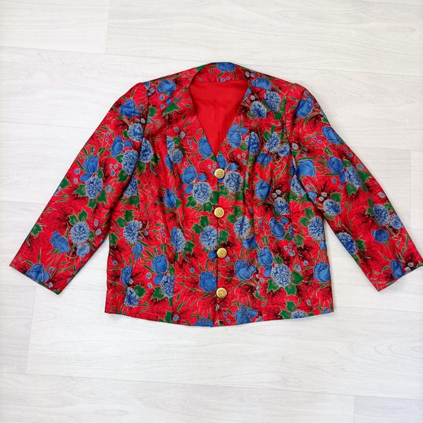 Handmade short red jacket with flowers, vintage jacket Eighties