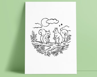 PETITS ECUREUILS / print A5, A4 / black and white illustration, cute animals, fauna flora, family gift, parent and child illustration, gift