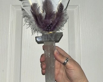 Large White Purple crystal smudge fan selenite raw purple flash laboradite altar tools ceremony cleanse