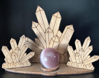 Wood crystal cluster sphere holder stand with purple cat eye sphere