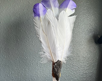 Large 18" Purple with feather black kyanite selenite smudge fan altar tools ceremony cleanse palo santo sage smudging