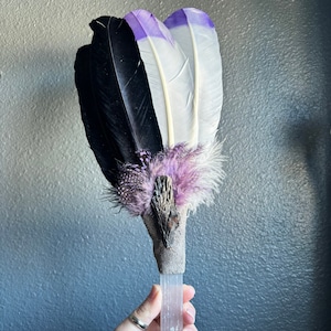 17” crystal selenite black kyanite feather smudge fan wands, altar tools, ceremony cleanse palo santo, sage smudging